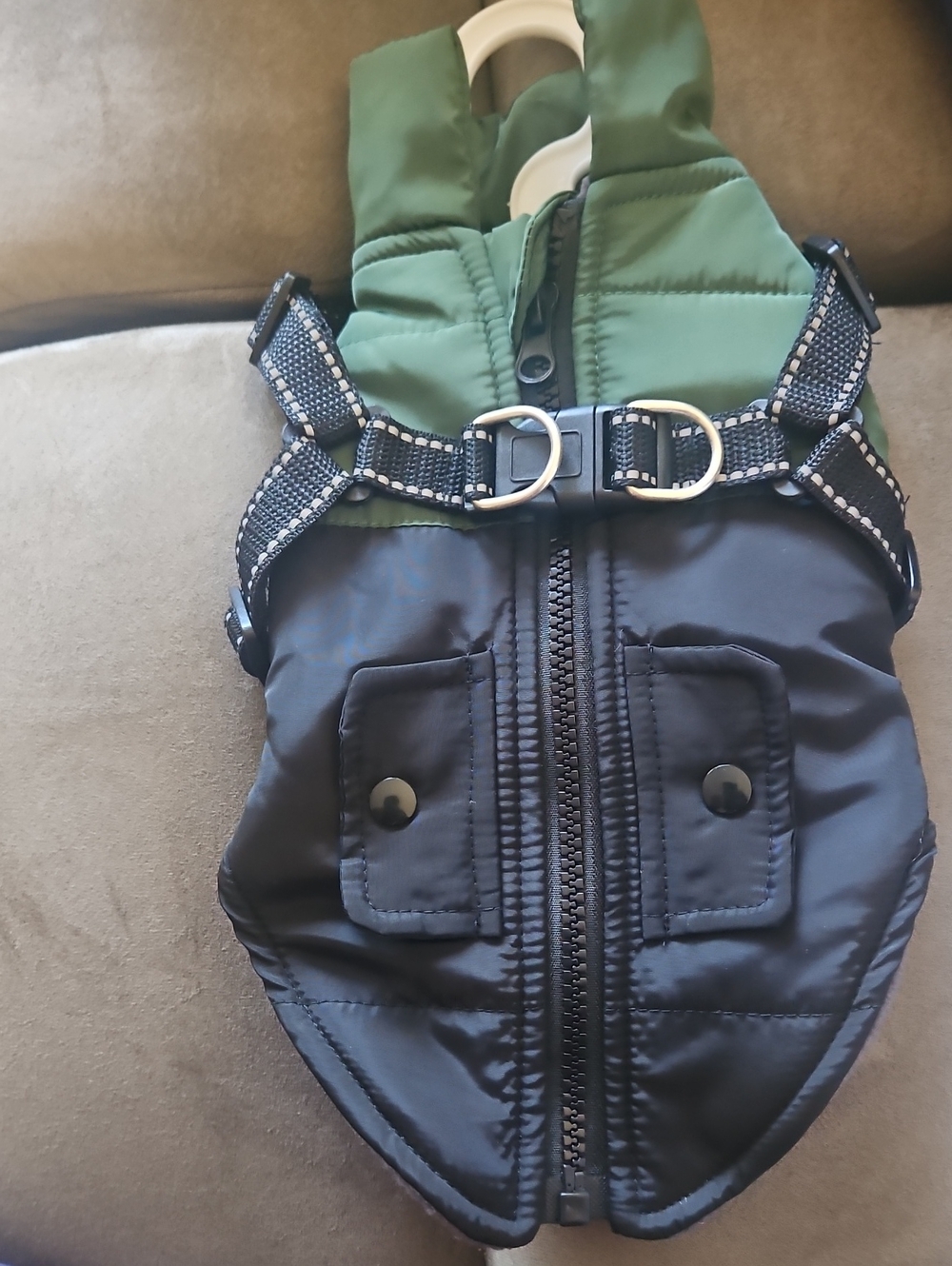 Green and Black Puffer Dog Jacket with Harness